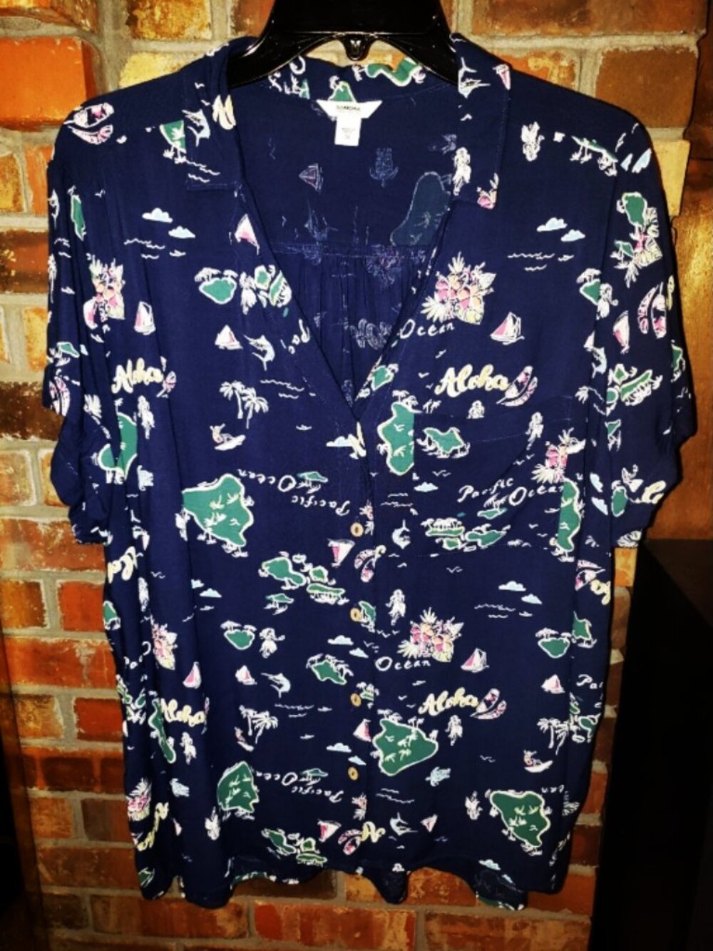 Sonoma 3XP Navy "ALOHA" Hawaiian Short Sleeve Button-Up Blouse